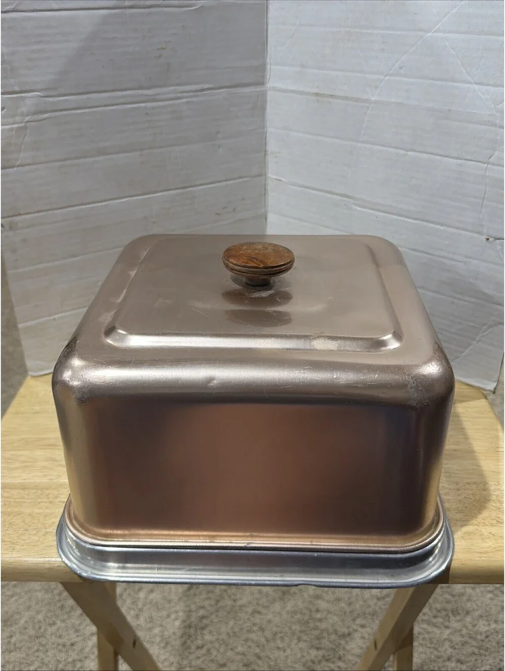 Vintage Mirro 11x11x8 Aluminum Square Cake Pan Slide Lock on Rose/Copper Lid